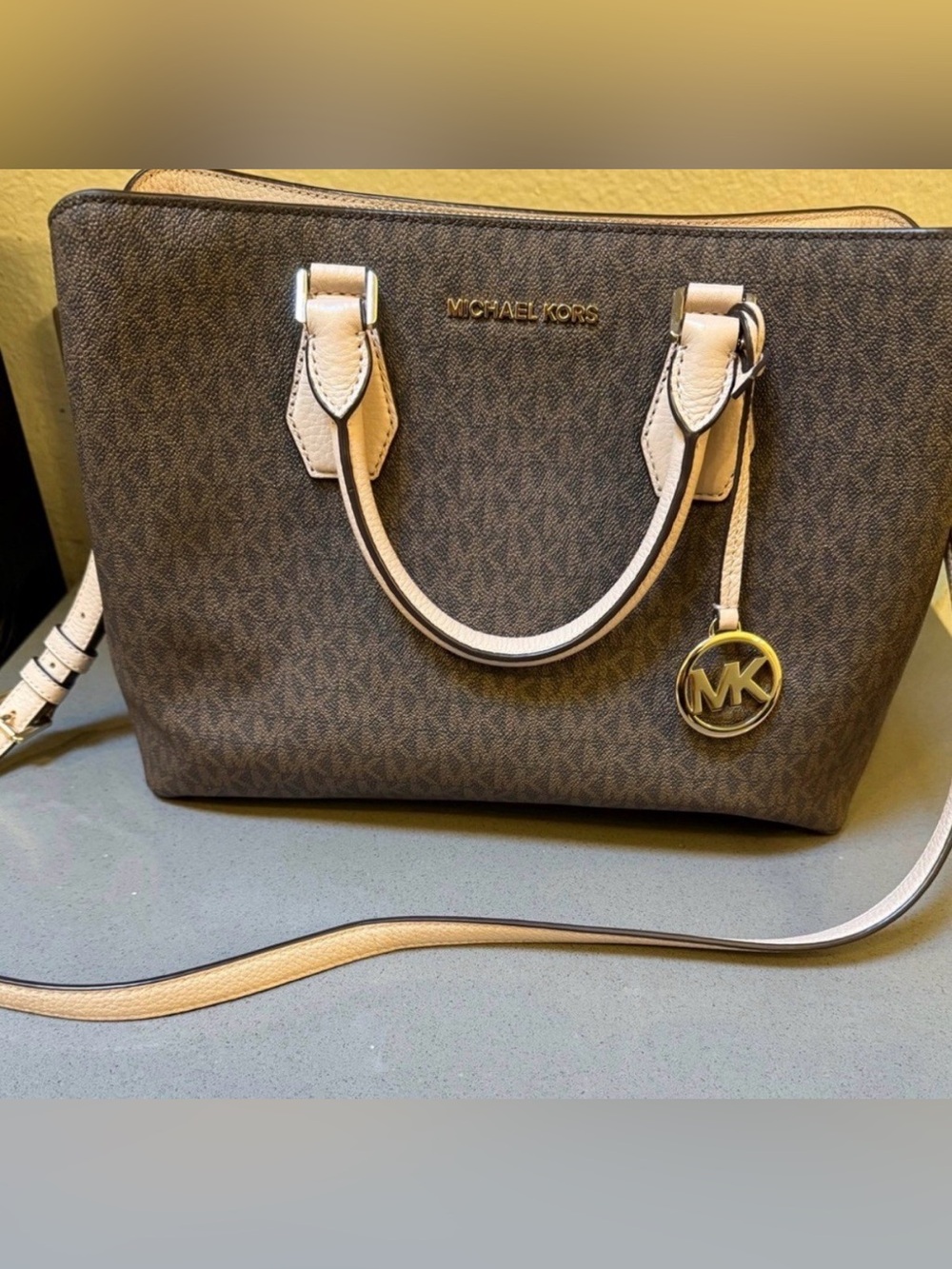 Michael Kors Brown MK Monogram Satchel with Beige Trim